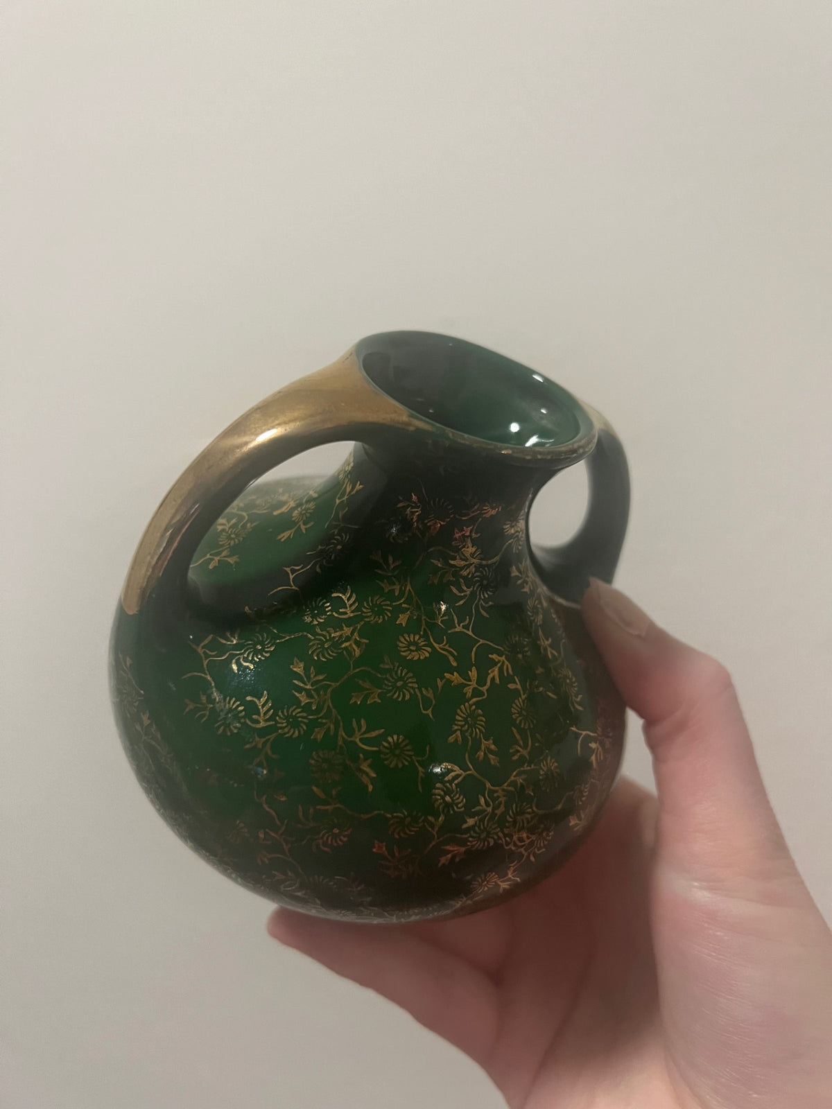 Vintage Pearl China Co. Green and Gold Floral Vase