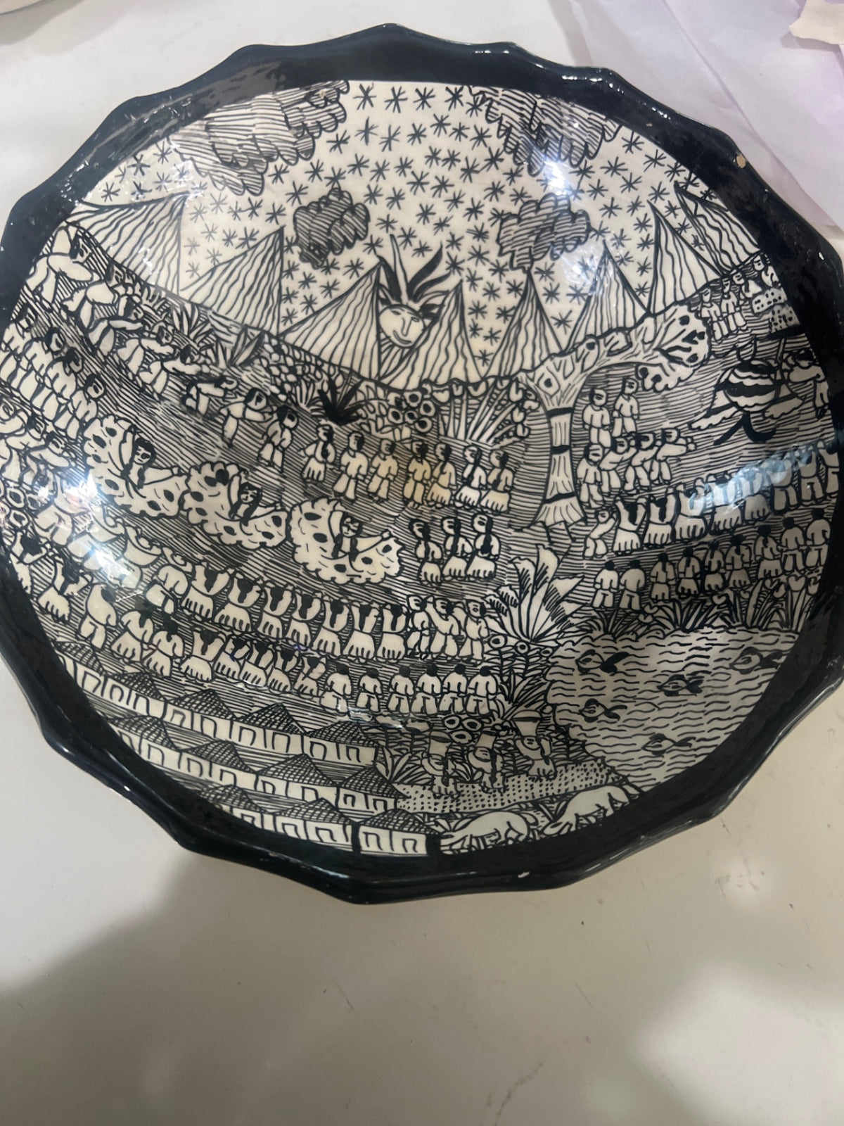 Vintage 1970’s Painted Black & Off-White Glazed Terracotta Bowl