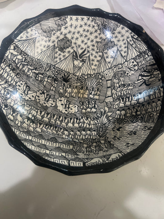 Vintage 1970’s Painted Black & Off-White Glazed Terracotta Bowl