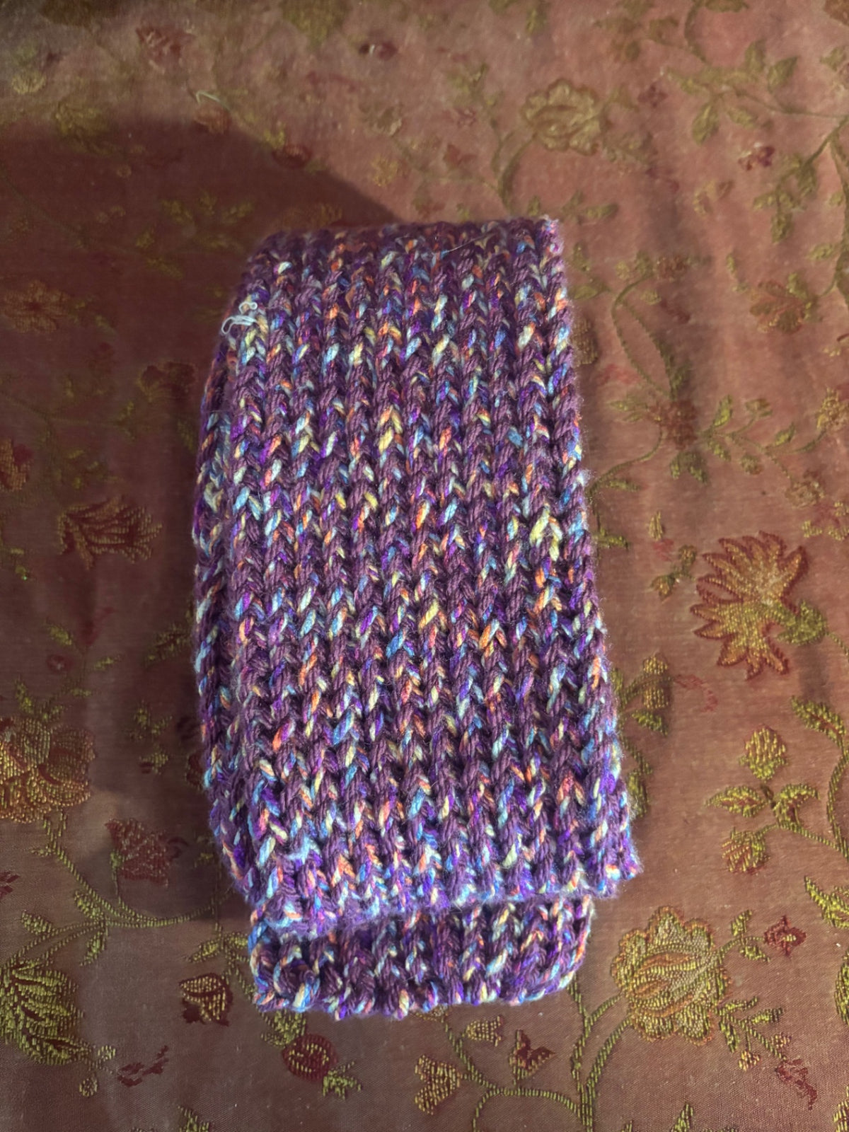 Handmade knitted double thick rosy purple scarf with multi accents 
