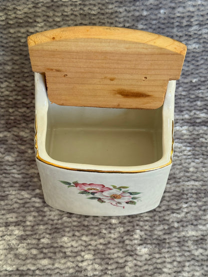 Vintage salt box w/ dogwood-Briar rose transfer + gold trim 
