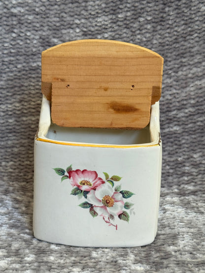 Vintage salt box w/ dogwood-Briar rose transfer + gold trim 