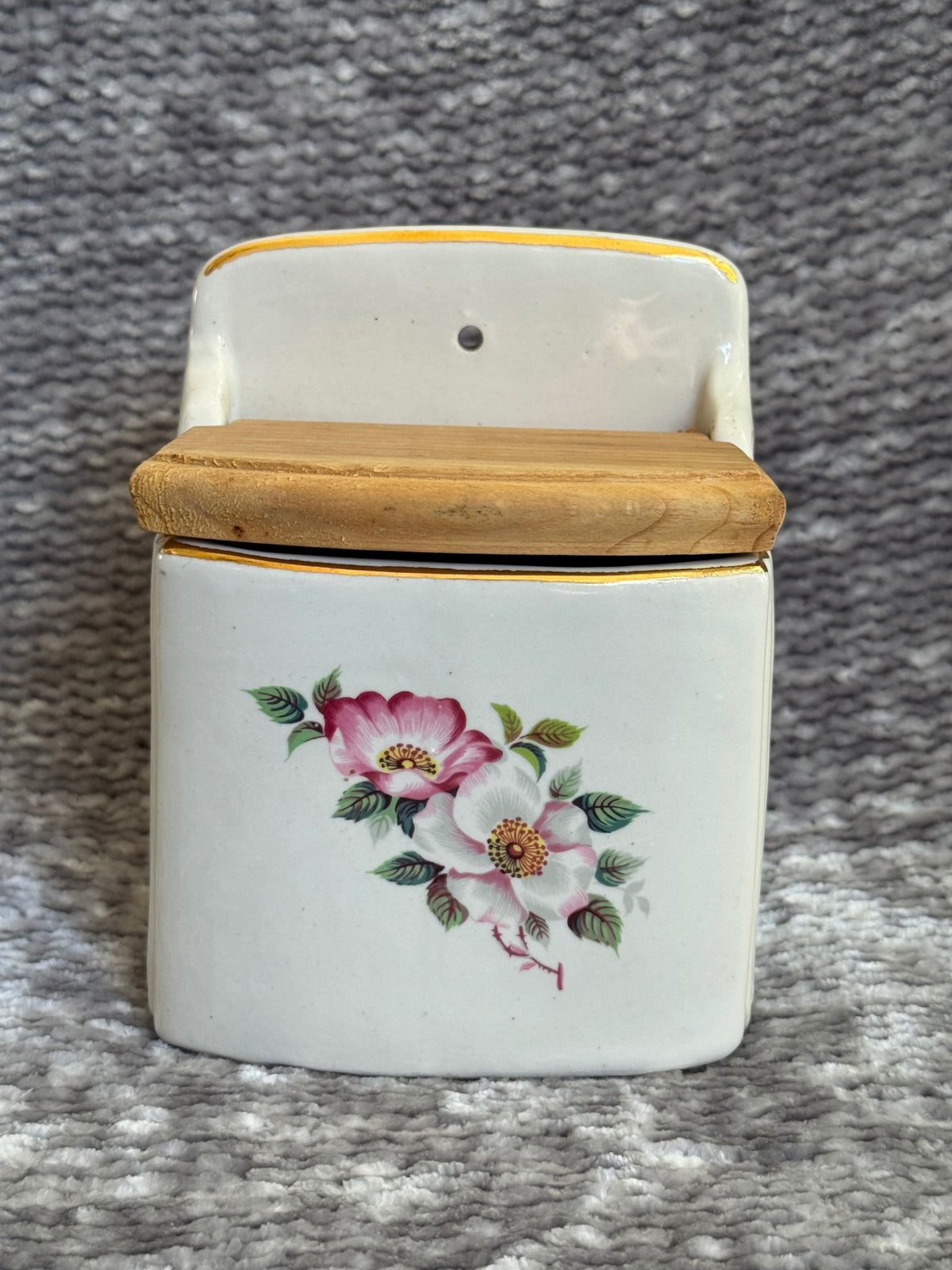 Vintage salt box w/ dogwood-Briar rose transfer + gold trim 