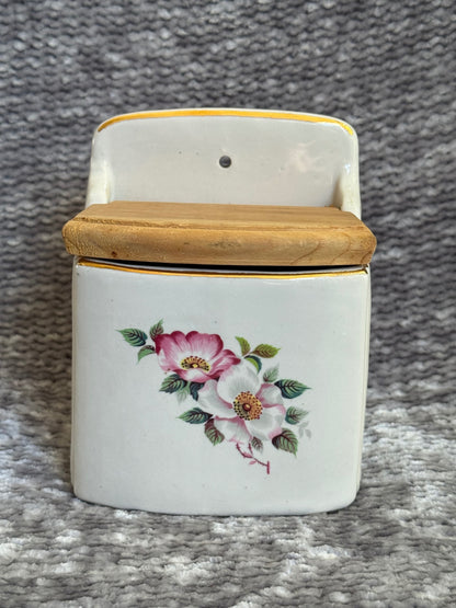 Vintage salt box w/ dogwood-Briar rose transfer + gold trim 