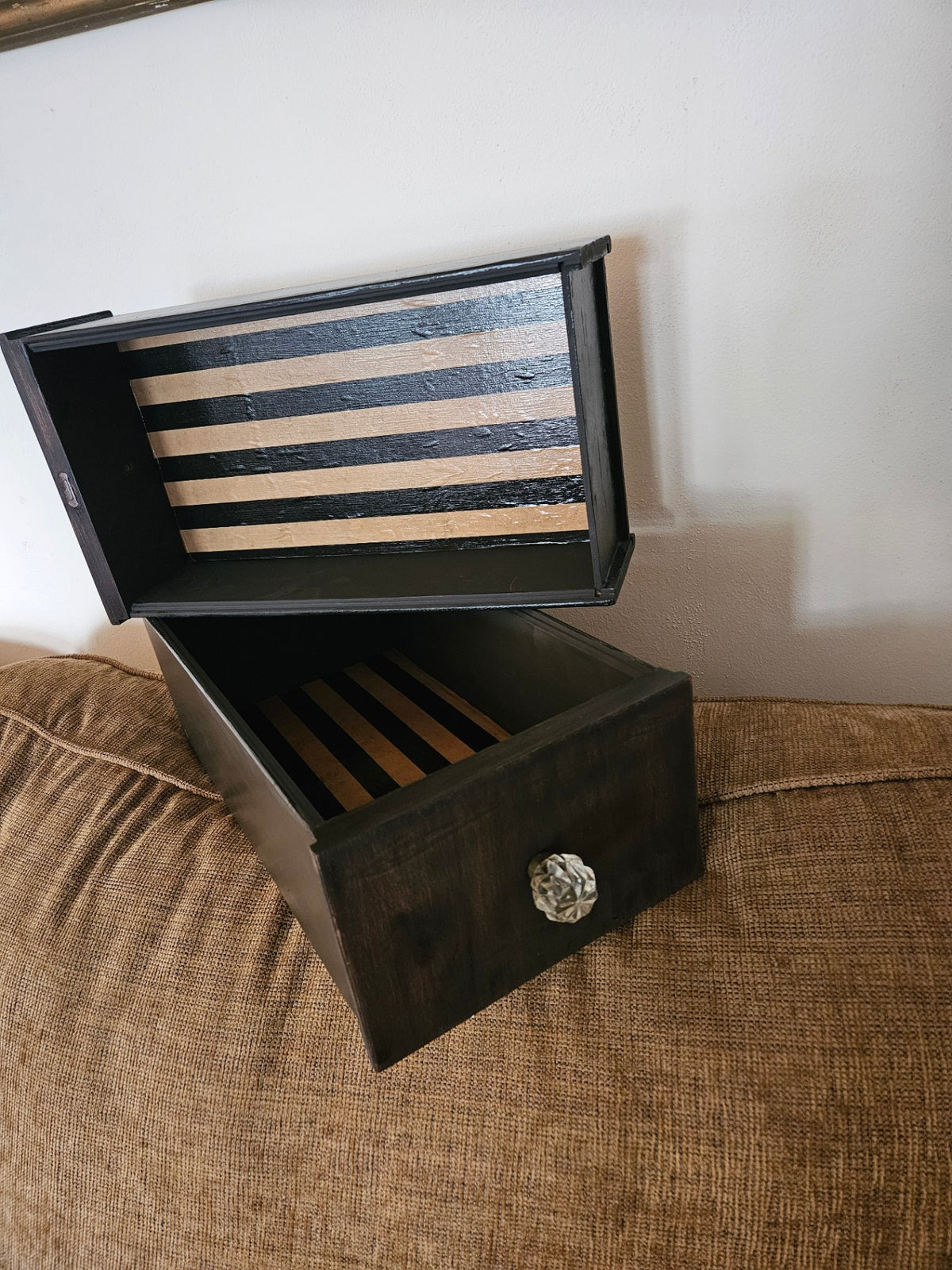 Black/dark wood storage drawer w/ glass  knob 8x15" approx