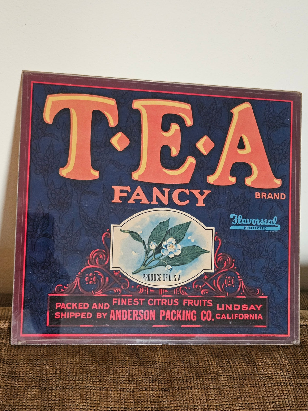 Vint crate label c 1940s TEA citrus fruits 10x11"approx