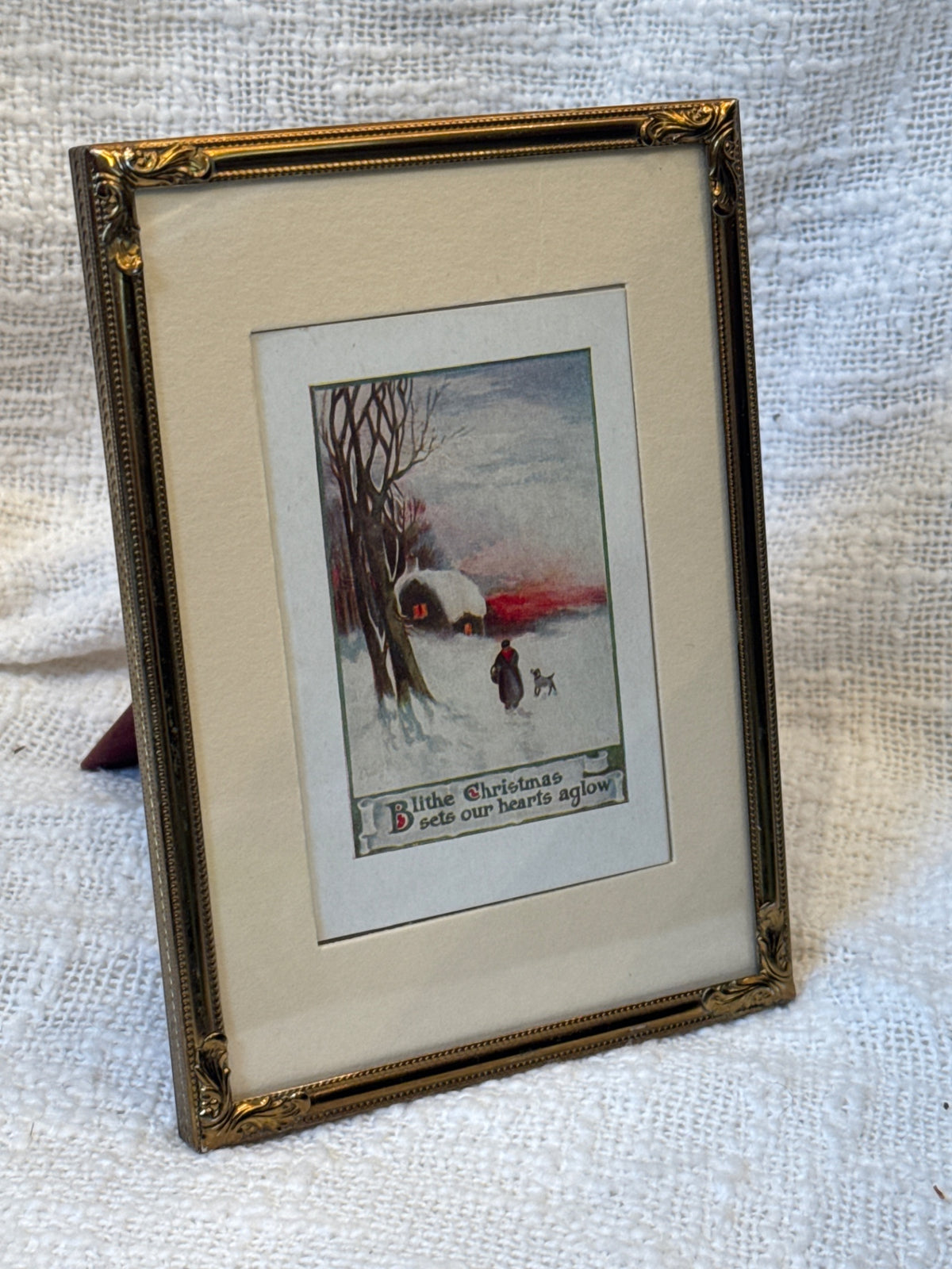Antique Christmas card (w/ writing inside) in gold frame 