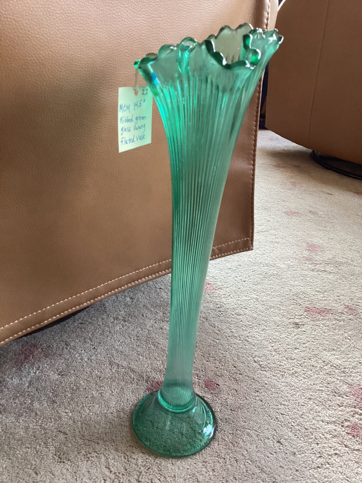 MCM 14 1/2 INCH RIBBED GREEN GLASS FLUTED VASE