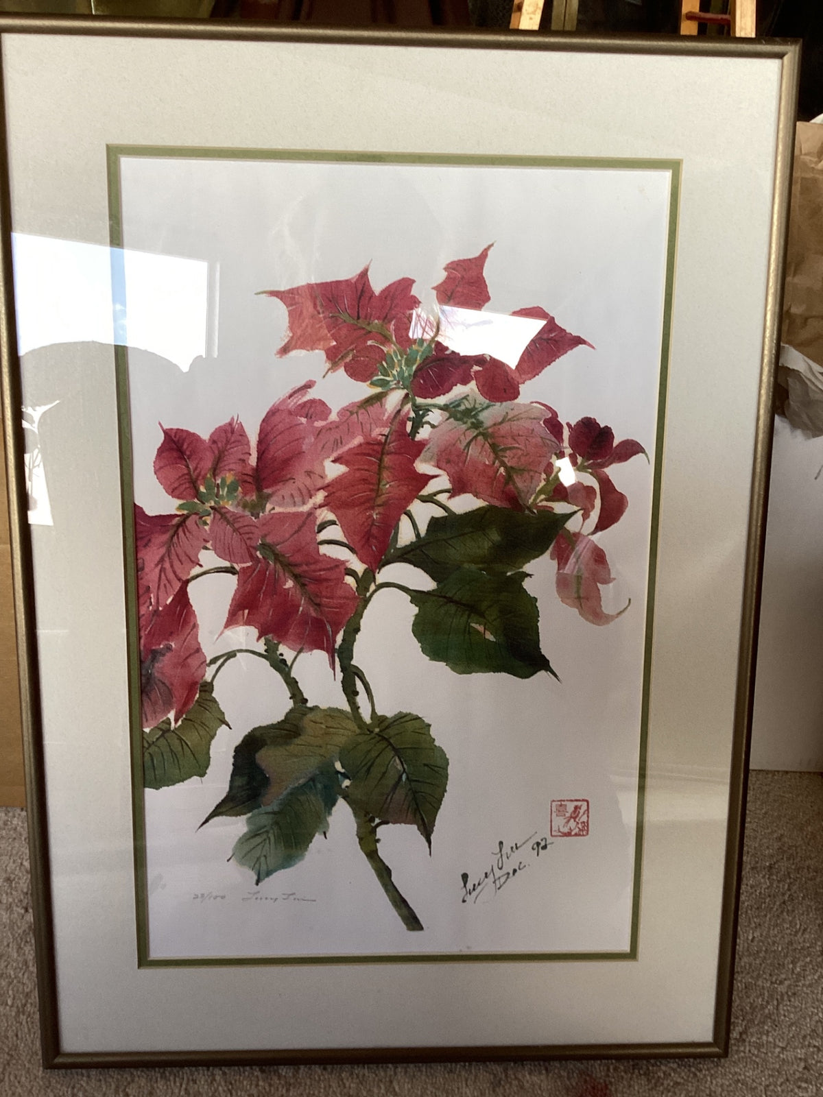  Red poinsettia flower painting by Lucy Liu signed and sealed