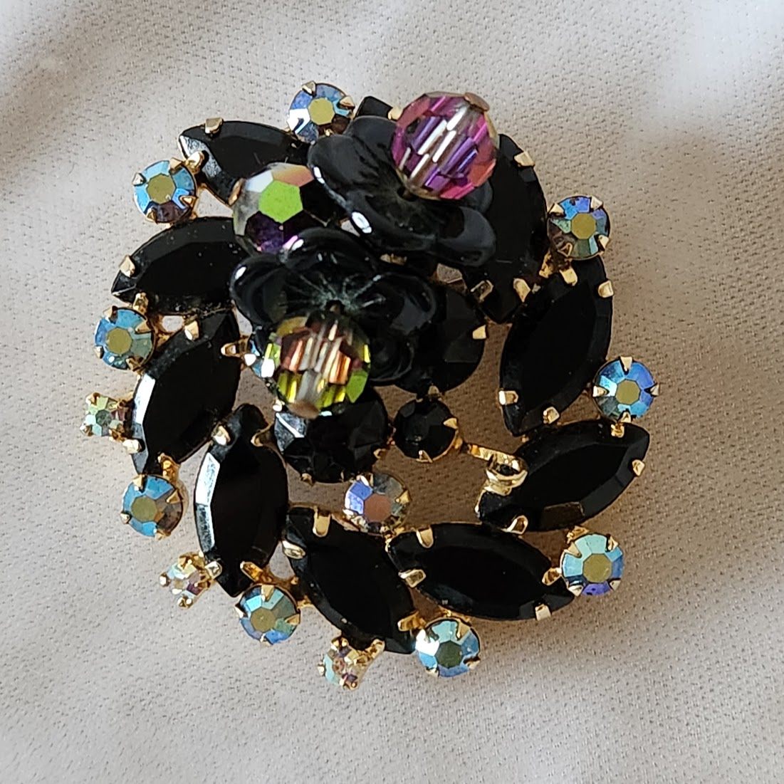 Juliana Black Navettes, Aurora Borealis Rhinestones, & Flower Beads Brooch