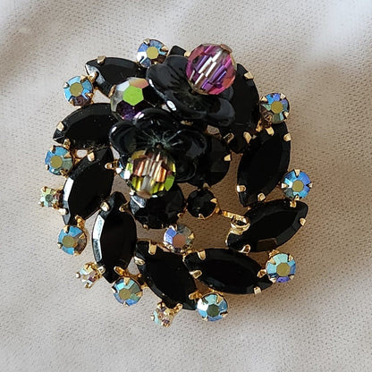 Juliana Black Navettes, Aurora Borealis Rhinestones, & Flower Beads Brooch
