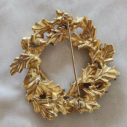 Enameled Holly Wreath Christmas Brooch