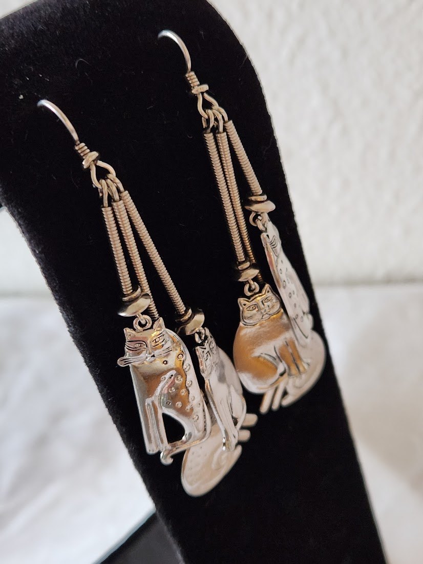 1980s Laurel Burch "Triple Cat" Shoulder Duster Earrings