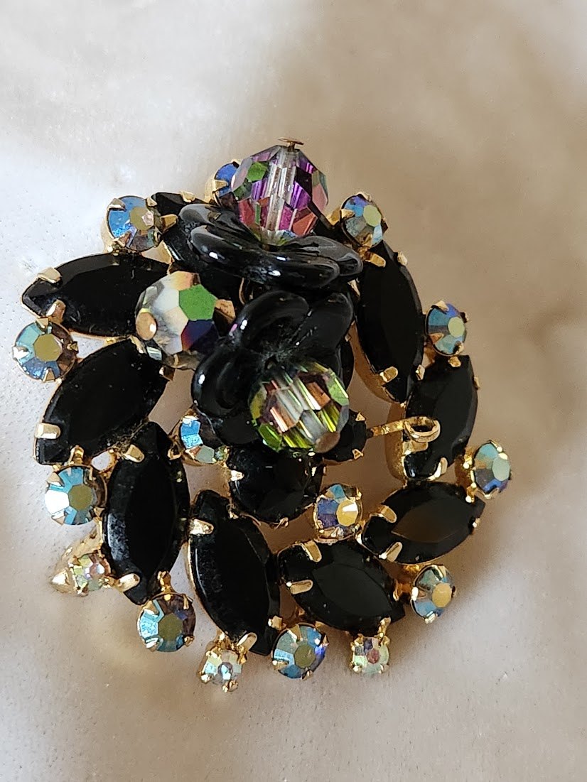 Juliana Black Navettes, Aurora Borealis Rhinestones, & Flower Beads Brooch