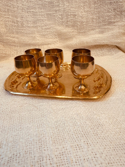 Mid- century brass cordial goblet set of 6 with tray