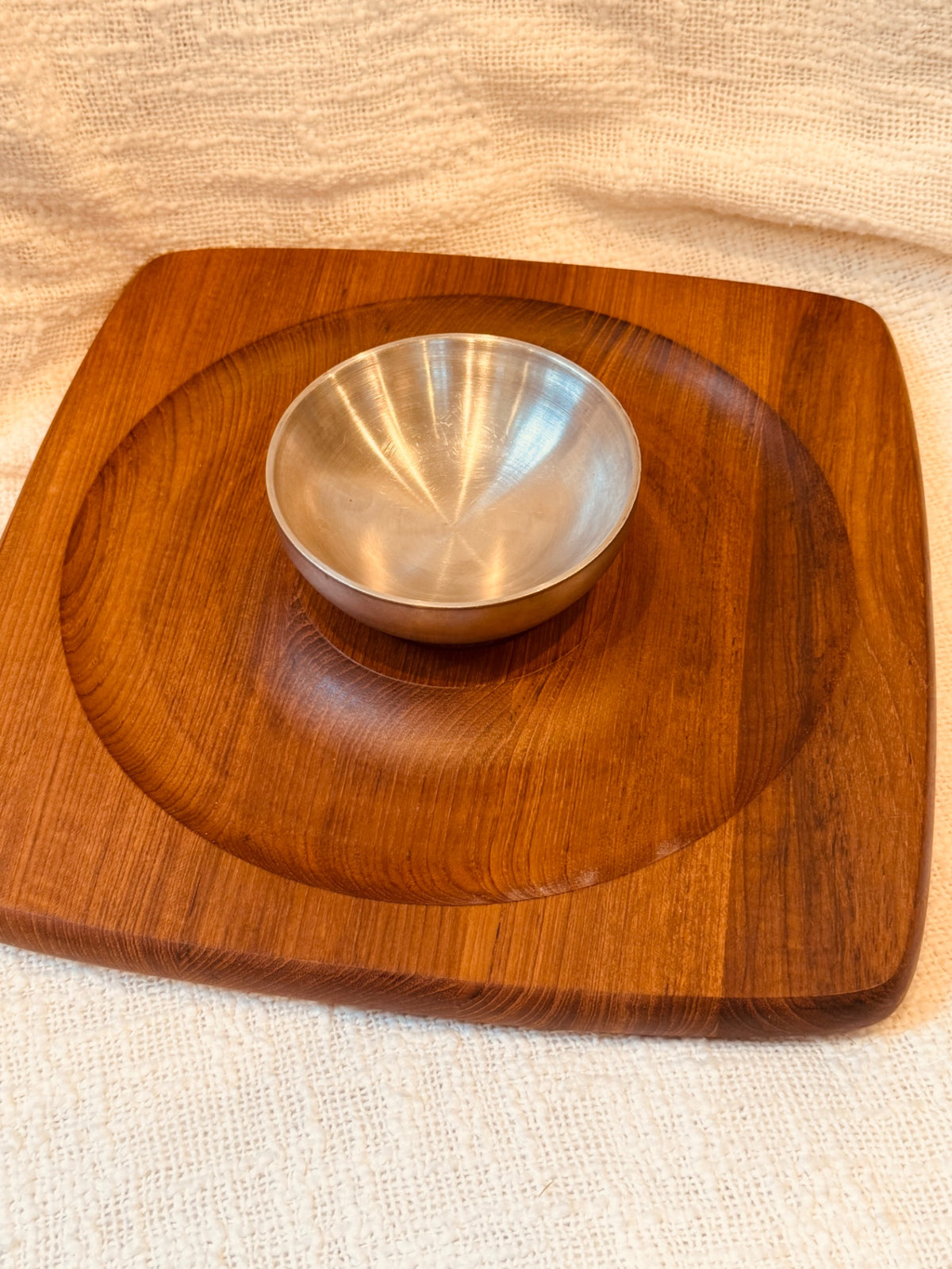 mid- Century KALMAR Teak Snack board w/ Stainless bowl 