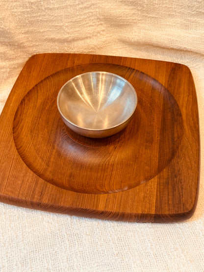 mid- Century KALMAR Teak Snack board w/ Stainless bowl 