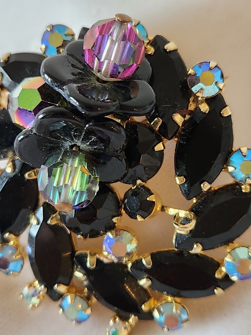 Juliana Black Navettes, Aurora Borealis Rhinestones, & Flower Beads Brooch