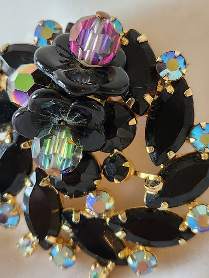Juliana Black Navettes, Aurora Borealis Rhinestones, & Flower Beads Brooch