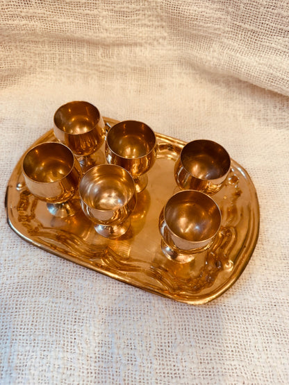 Mid- century brass cordial goblet set of 6 with tray