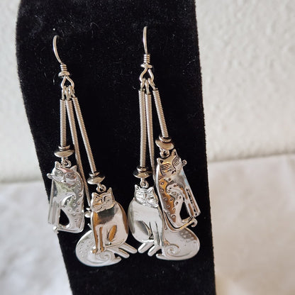 1980s Laurel Burch "Triple Cat" Shoulder Duster Earrings