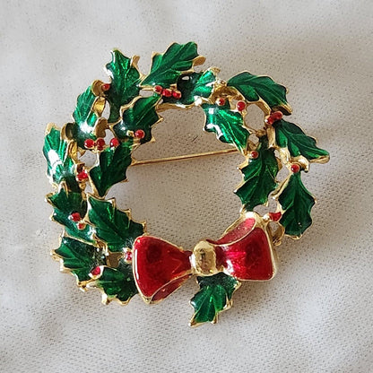 Enameled Holly Wreath Christmas Brooch