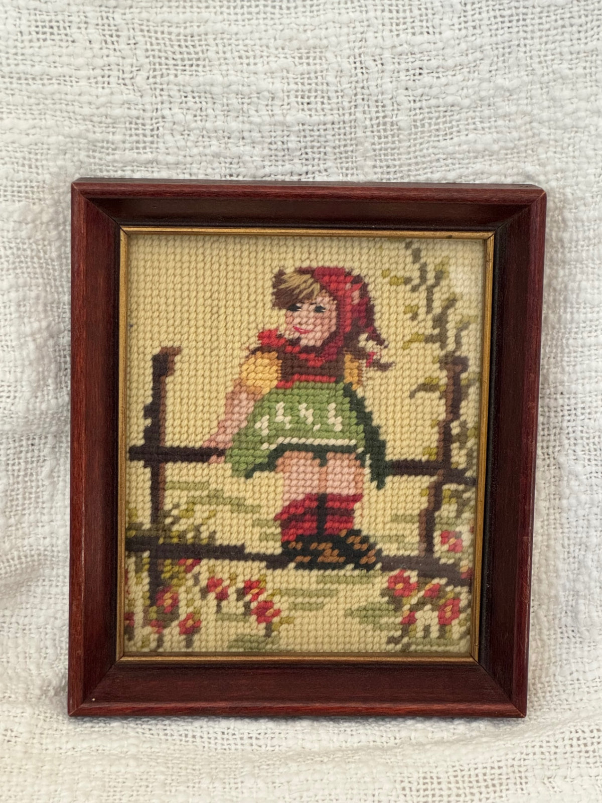 Vintage hand stitched needlepoint German boy & girl in frame set of 2