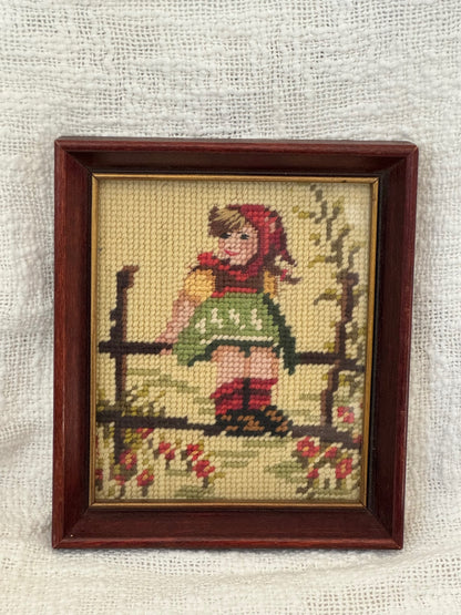 Vintage hand stitched needlepoint German boy & girl in frame set of 2