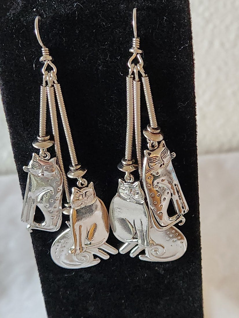 1980s Laurel Burch "Triple Cat" Shoulder Duster Earrings