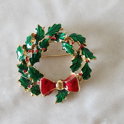 Enameled Holly Wreath Christmas Brooch