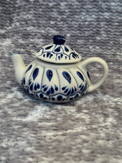 Tiny hand painted blue & white teapot