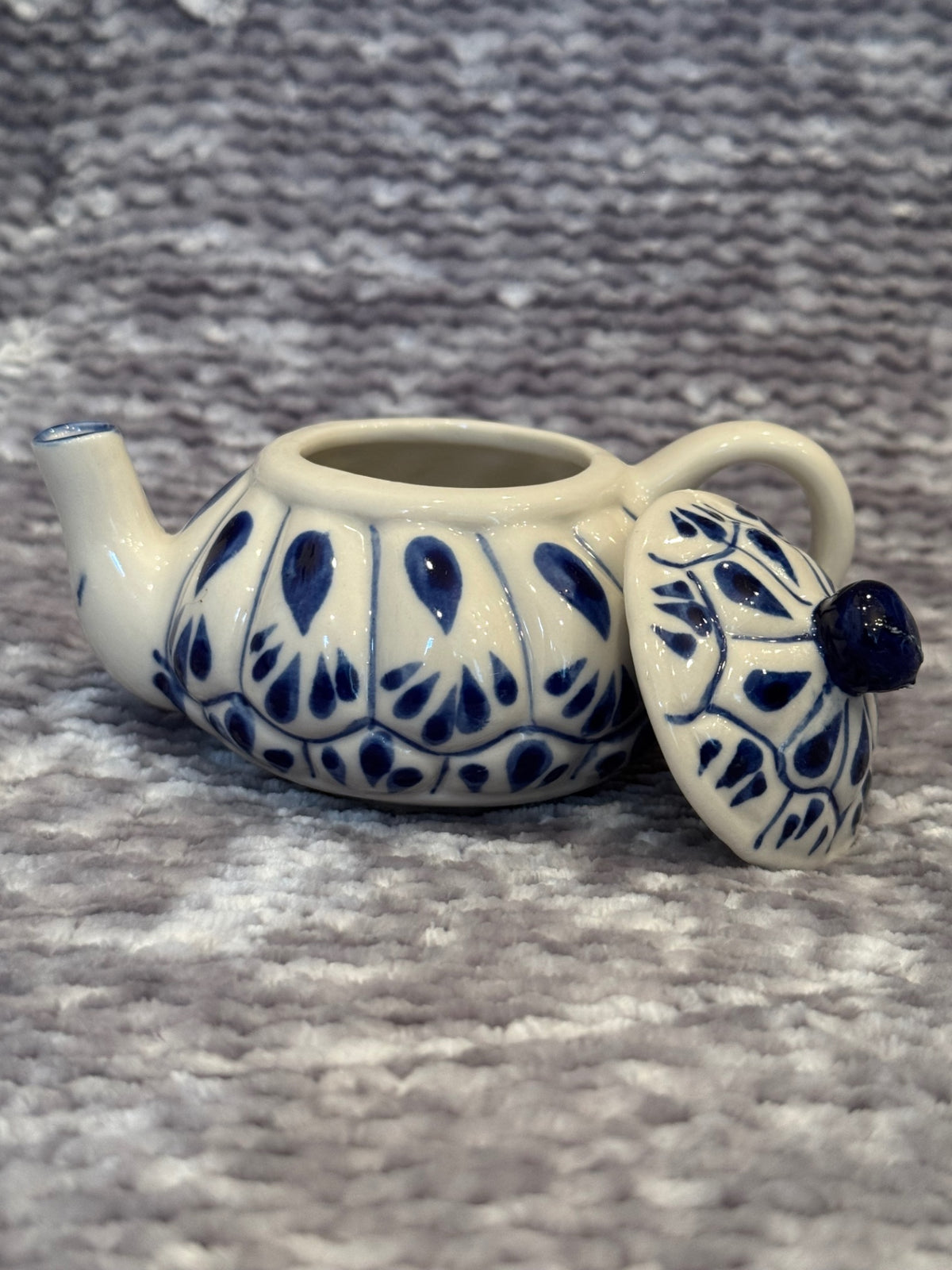 Tiny hand painted blue & white teapot