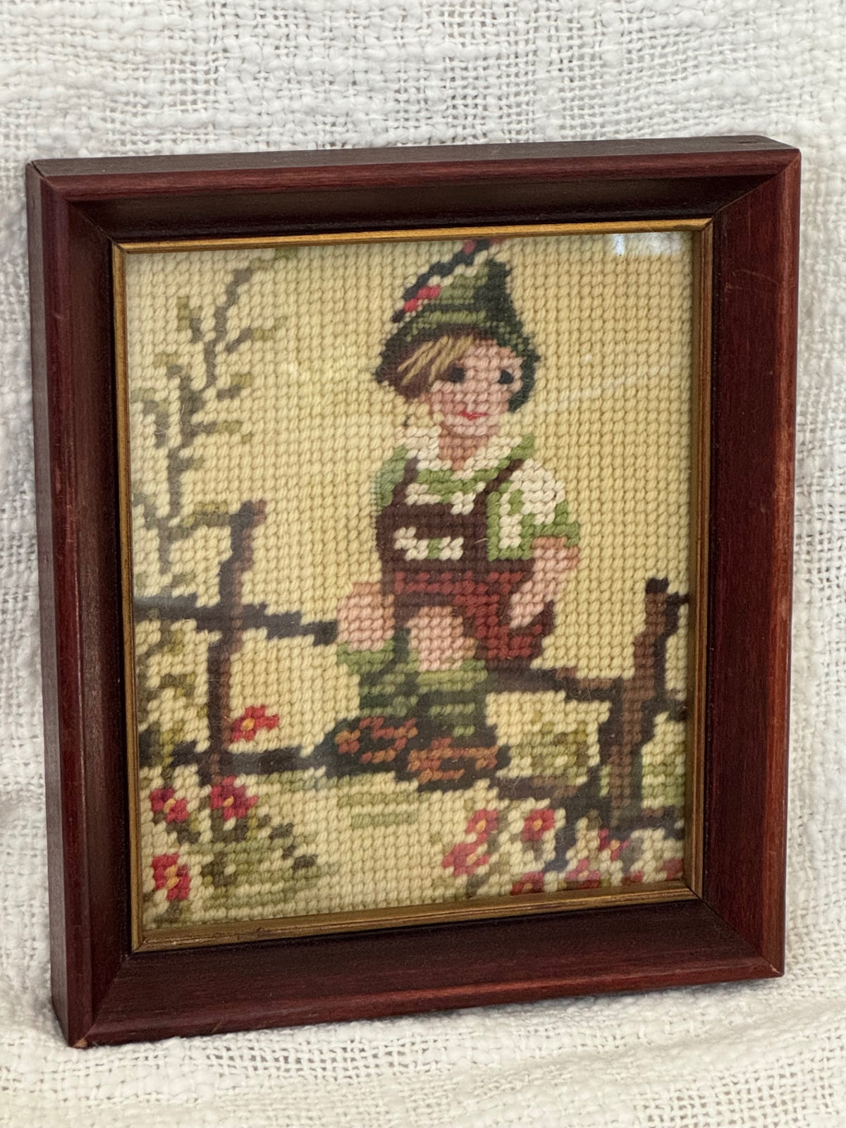 Vintage hand stitched needlepoint German boy & girl in frame set of 2