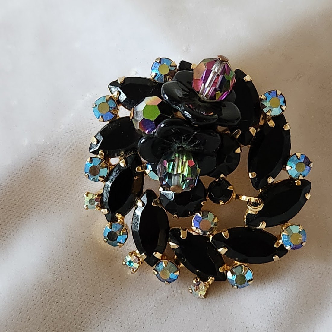 Juliana Black Navettes, Aurora Borealis Rhinestones, & Flower Beads Brooch