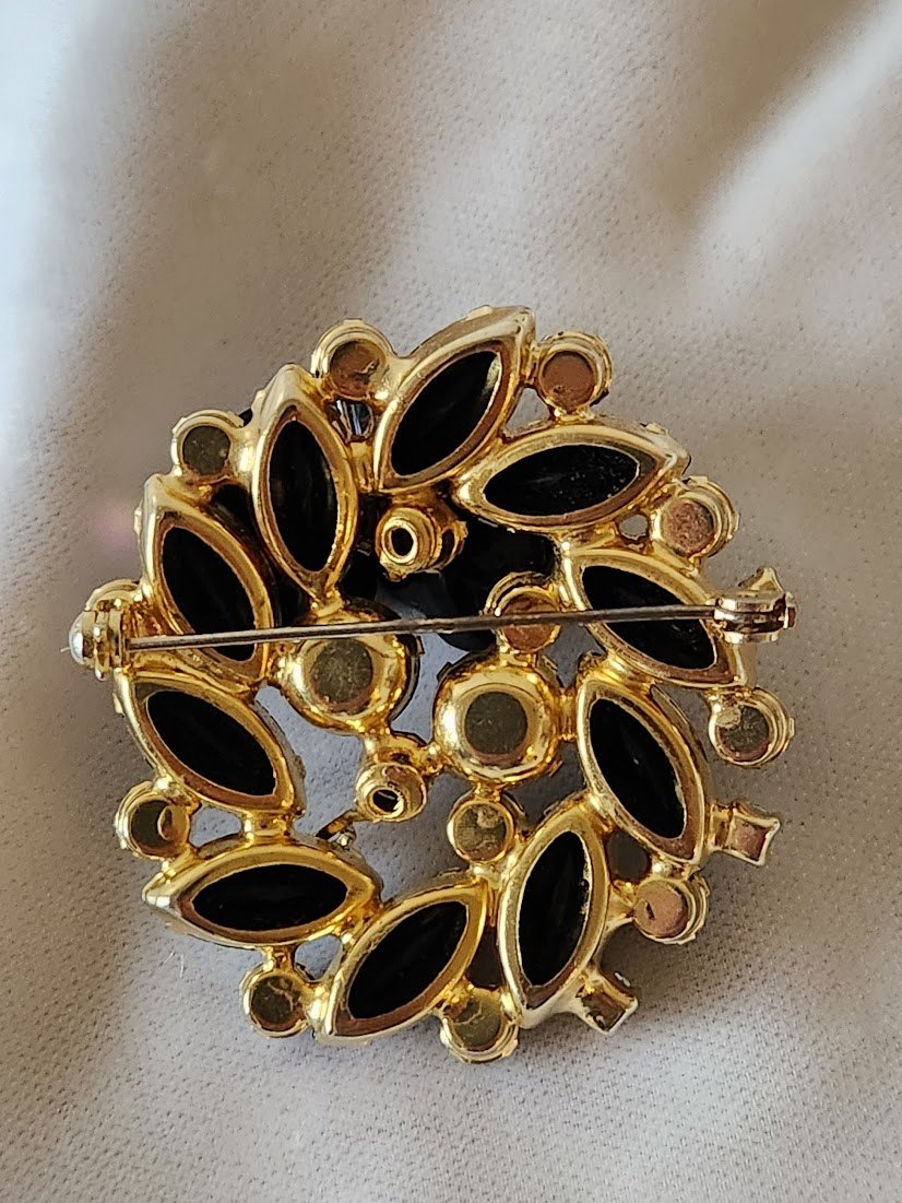 Juliana Black Navettes, Aurora Borealis Rhinestones, & Flower Beads Brooch
