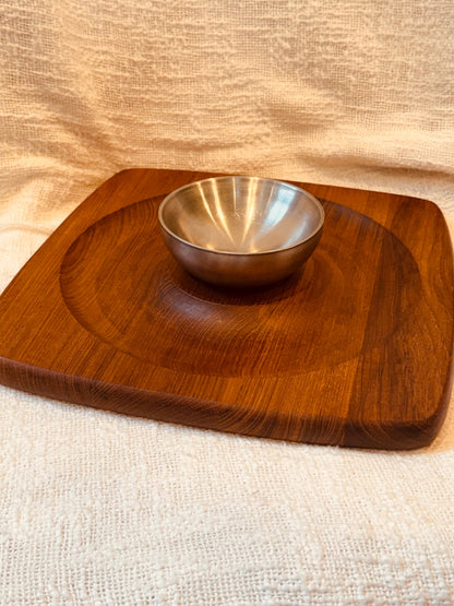 mid- Century KALMAR Teak Snack board w/ Stainless bowl 