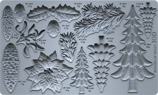 IOD Boughs of Holly Mould | Christmas Silicone Mould | Pine Trees, Poinsettia, Holly & Pinecones | Iron Orchid Designs