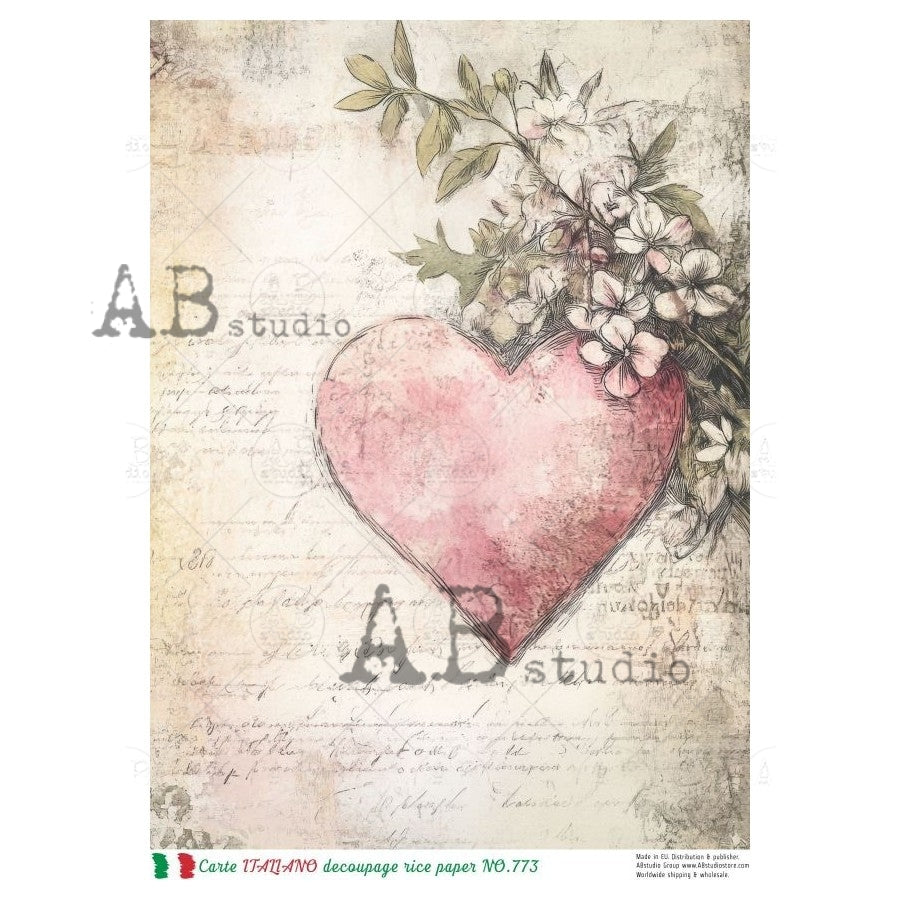 A4 Blushing Script Heart Decoupage Rice Paper (Carte Italiano No 773)