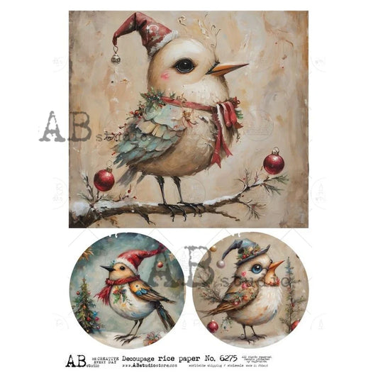 A4 Christmas Crazy Birds Decoupage Rice Paper (AB Studios No. 6275)
