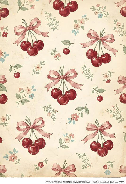 A4 Cherries & Pink Bows Decoupage Rice Paper (DC968)