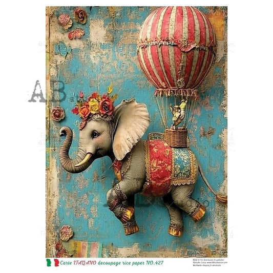 Elephant Balloon Ride Decoupage Rice Paper (Carte Italiano No 427)