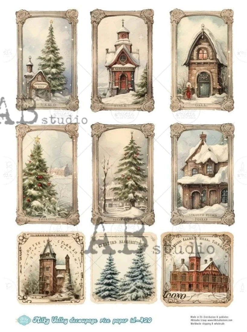 Decoupage Central Decoupage Paper A4 Christmas Squares Houses Decoupage Rice Paper (Milky Valley ID420)