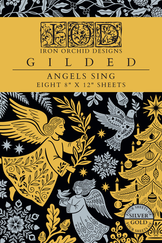 Angels Sing IOD Foil Transfer | 8x12 Gold & Silver Christmas Decor Foil Transfer by Iron Orchid Designs | Vintage Holiday Metallic Transfer Set