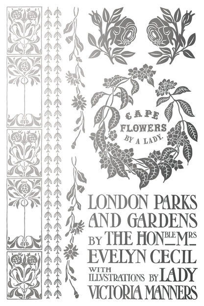 IOD Athenaeum Foil Transfer | 8"x12" Gold & Silver Gilded Decor Transfer by Iron Orchid Designs | Vintage Literary & Botanical Designs