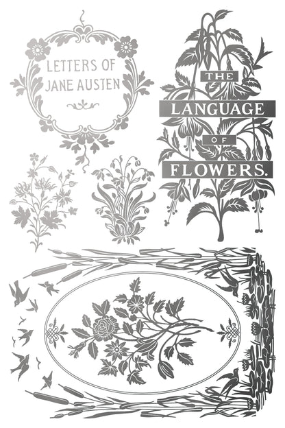 IOD Athenaeum Foil Transfer | 8"x12" Gold & Silver Gilded Decor Transfer by Iron Orchid Designs | Vintage Literary & Botanical Designs