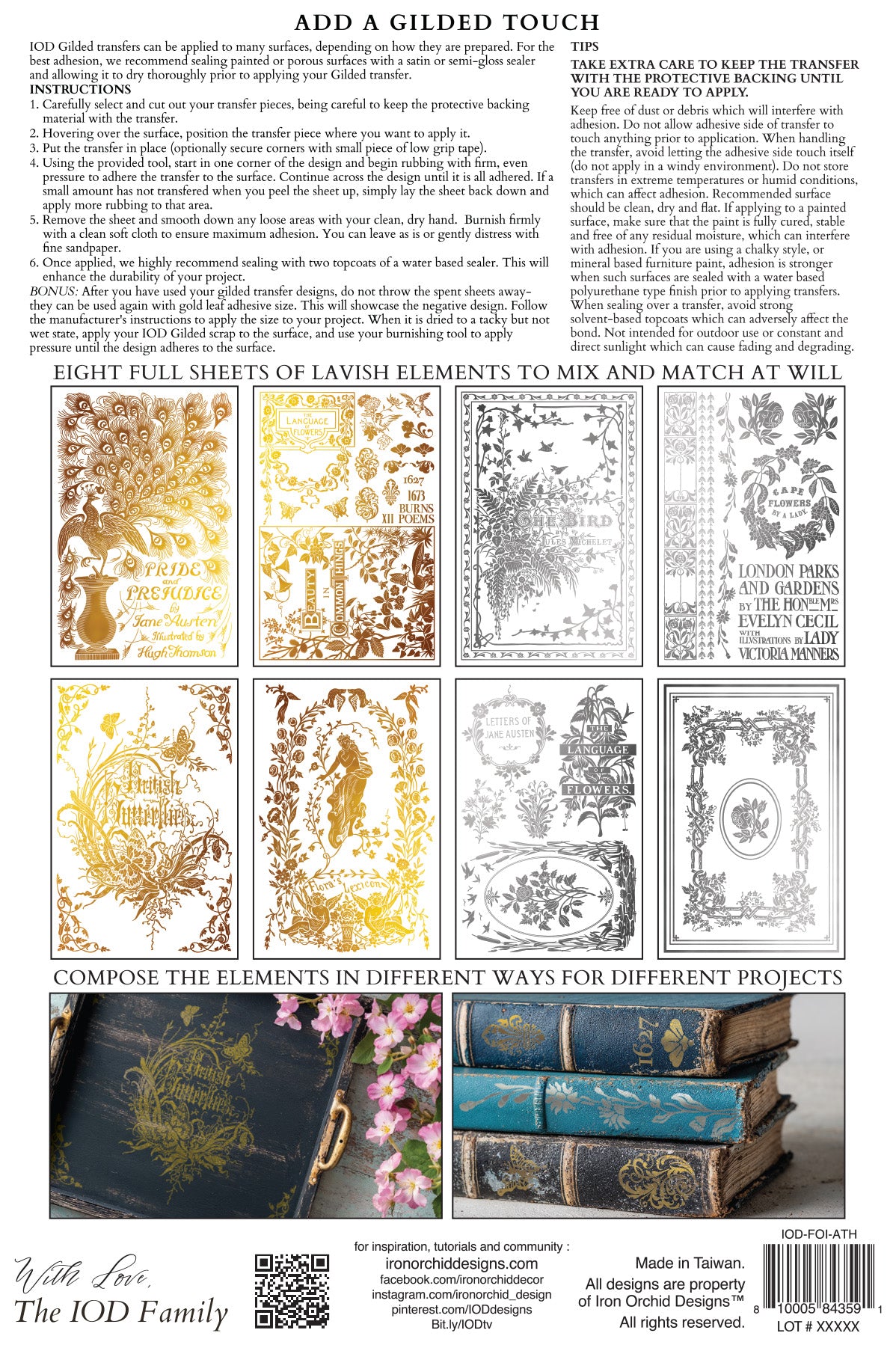 IOD Athenaeum Foil Transfer | 8"x12" Gold & Silver Gilded Decor Transfer by Iron Orchid Designs | Vintage Literary & Botanical Designs