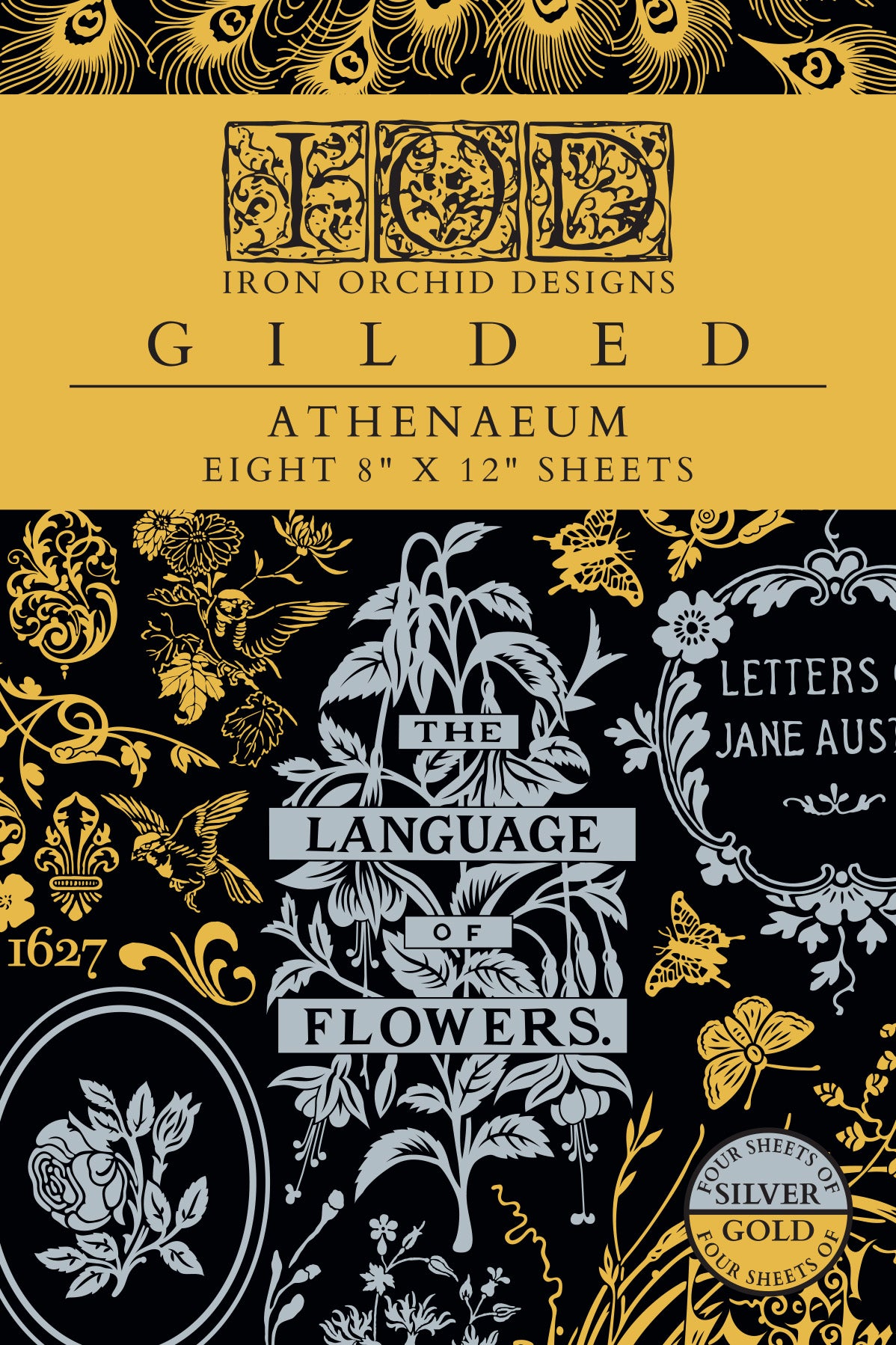 IOD Athenaeum Foil Transfer | 8"x12" Gold & Silver Gilded Decor Transfer by Iron Orchid Designs | Vintage Literary & Botanical Designs