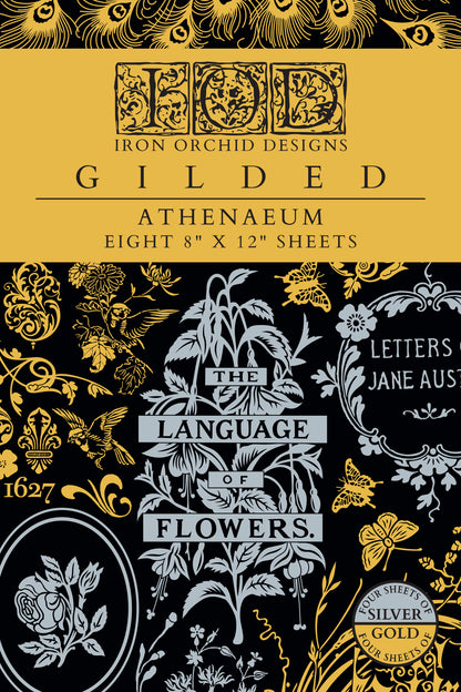IOD Athenaeum Foil Transfer | 8"x12" Gold & Silver Gilded Decor Transfer by Iron Orchid Designs | Vintage Literary & Botanical Designs