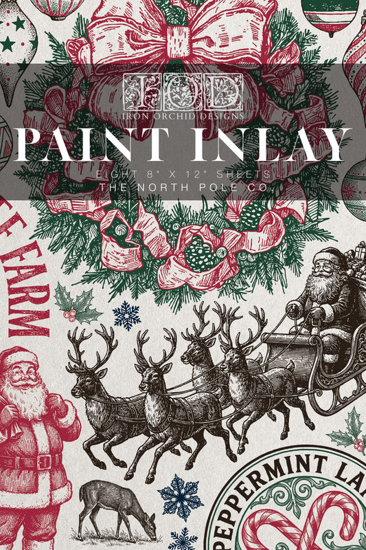 The North Pole Co. IOD Paint Inlay | 8x12 Vintage Christmas Paint Inlay by Iron Orchid Designs | Santa, Toy Shop & Holiday Furniture Paint Inlay