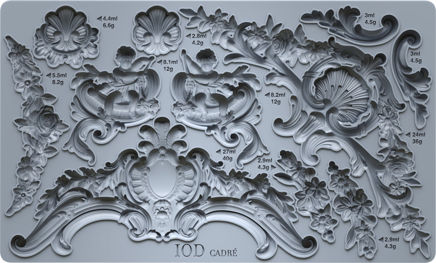 Cadré IOD Mould | 6x10 Silicone Decor Mould by Iron Orchid Designs | Ornate French Frame, Scroll & Cherub Embellishments